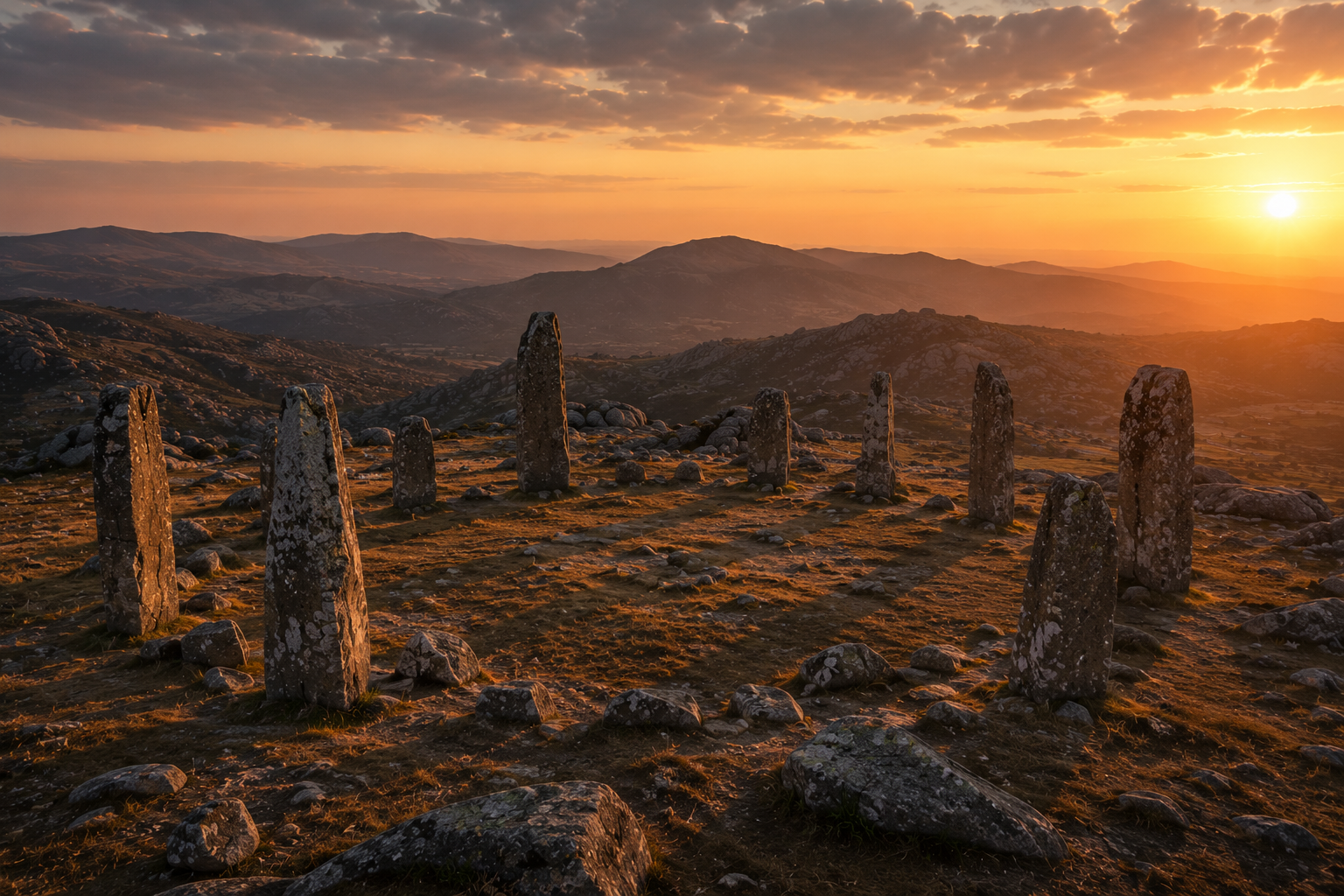 Ancient stone circle on the high plateau of Serra da Estrela