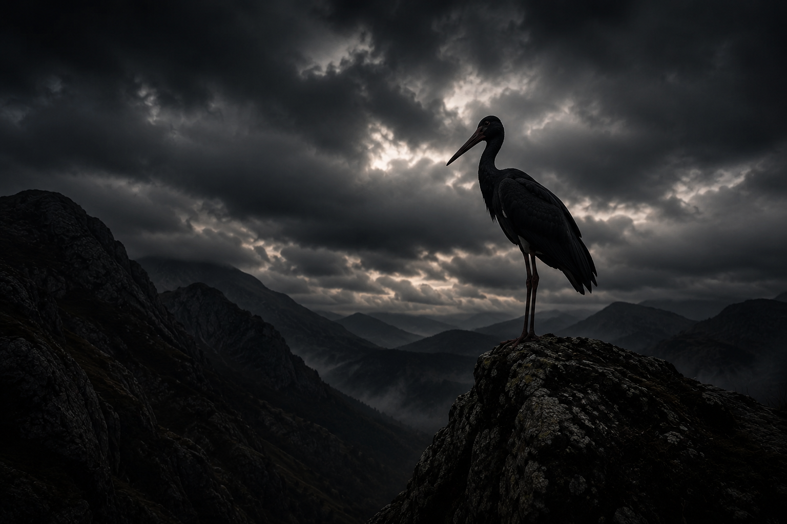 Black stork over the mountains of the Serra da Estrela