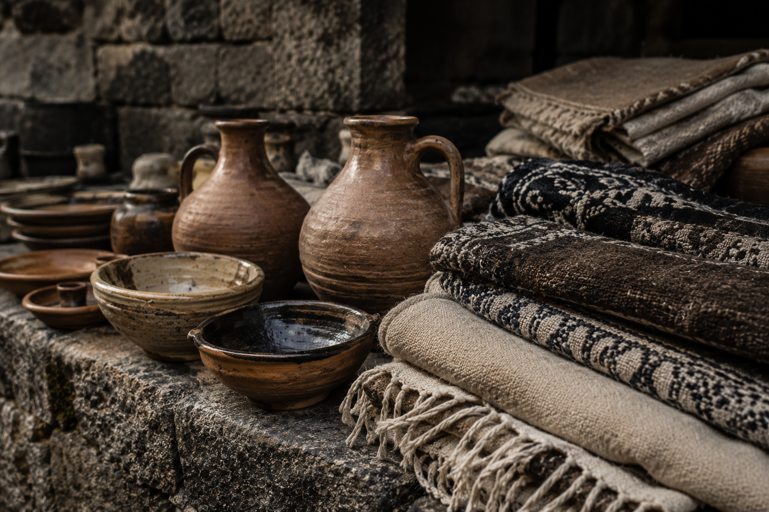 Traditional Portuguese pottery and textiles on a stone market stall