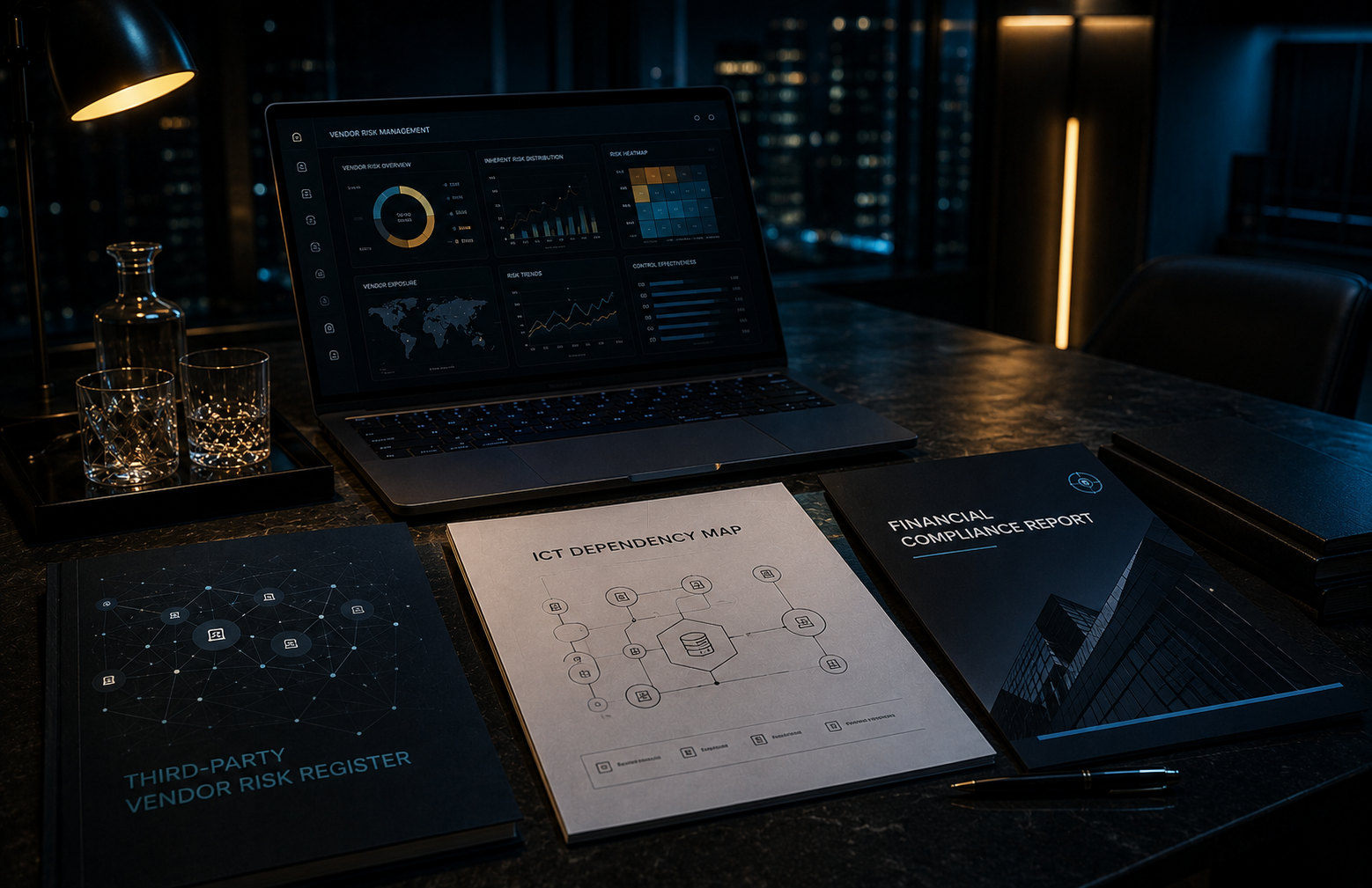 ICT dependency map and financial compliance documents on a dark conference table