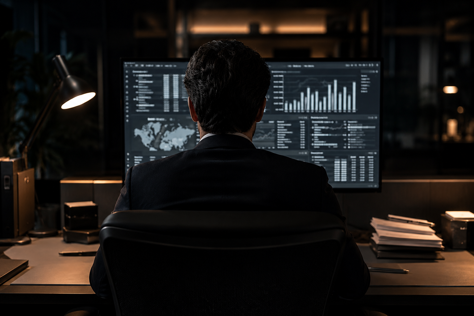 Executive reviewing data under pressure at night