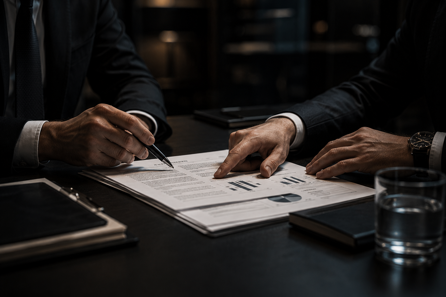 Two executives reviewing evidence documents
