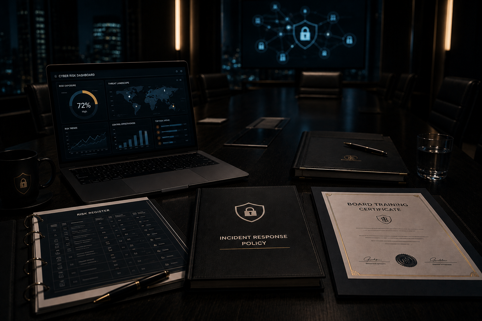 Cyber risk register and board oversight documents on a dark conference table