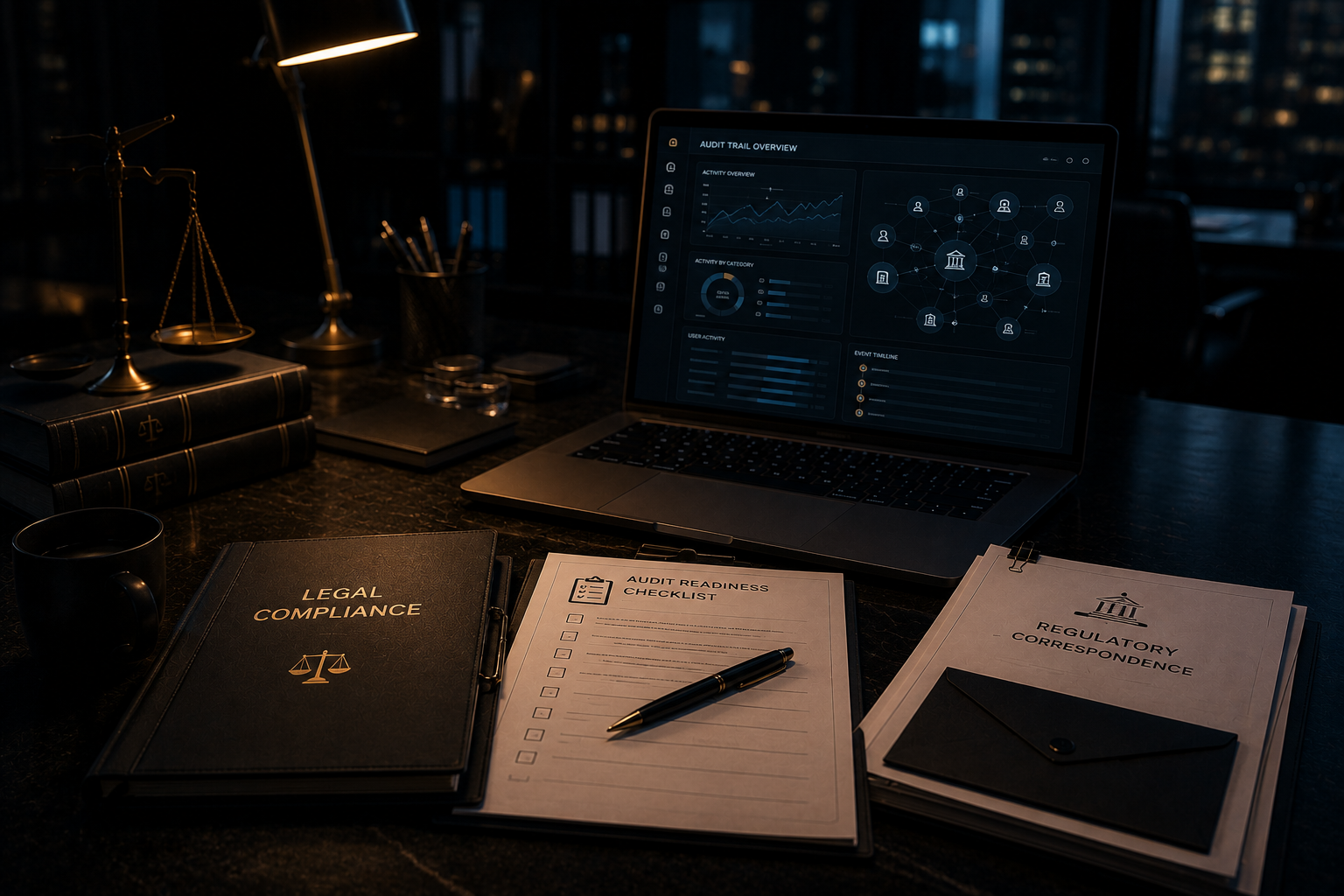 Audit readiness checklist and regulatory compliance documents on a dark desk