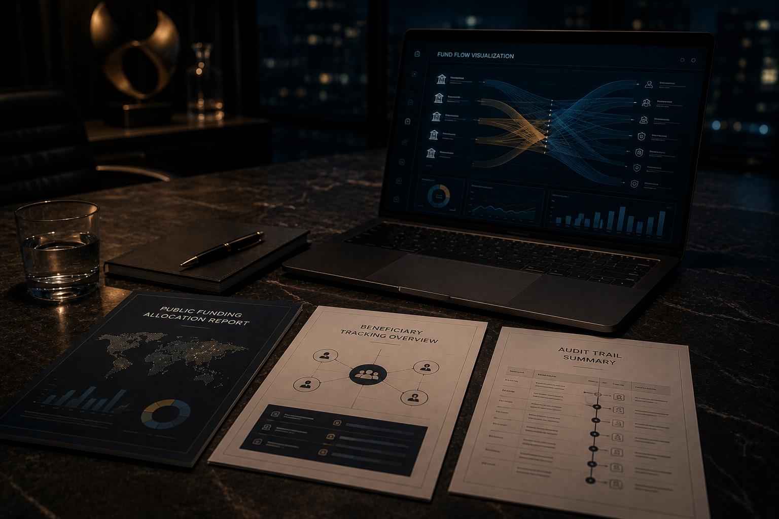Public funding allocation and audit trail documents on a dark conference table