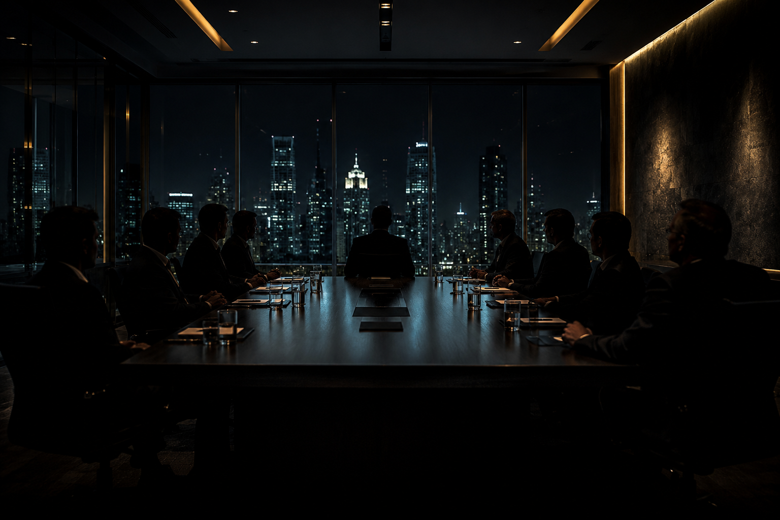 Boardroom under decision pressure at night