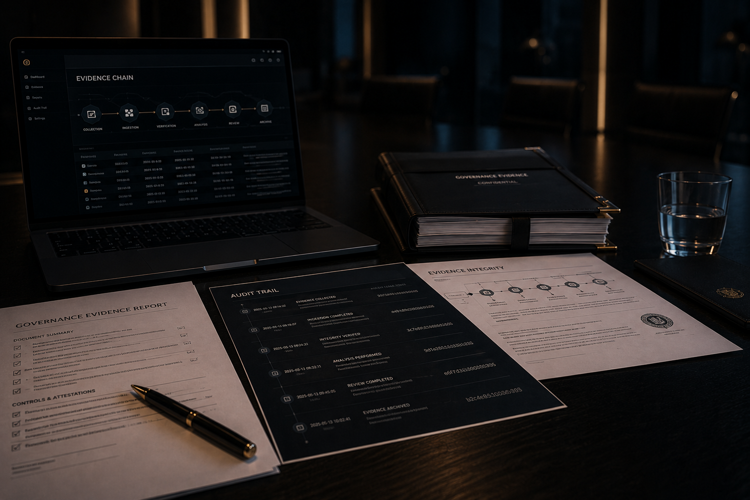 Governance evidence chain, audit trail and dossier documents on a dark conference table