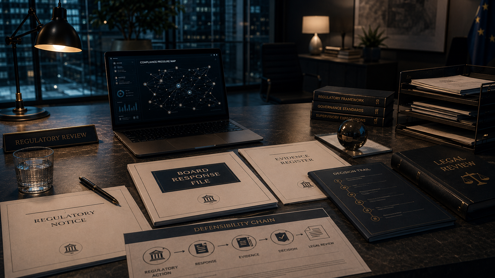 Regulatory review office with evidence records and defensibility documents