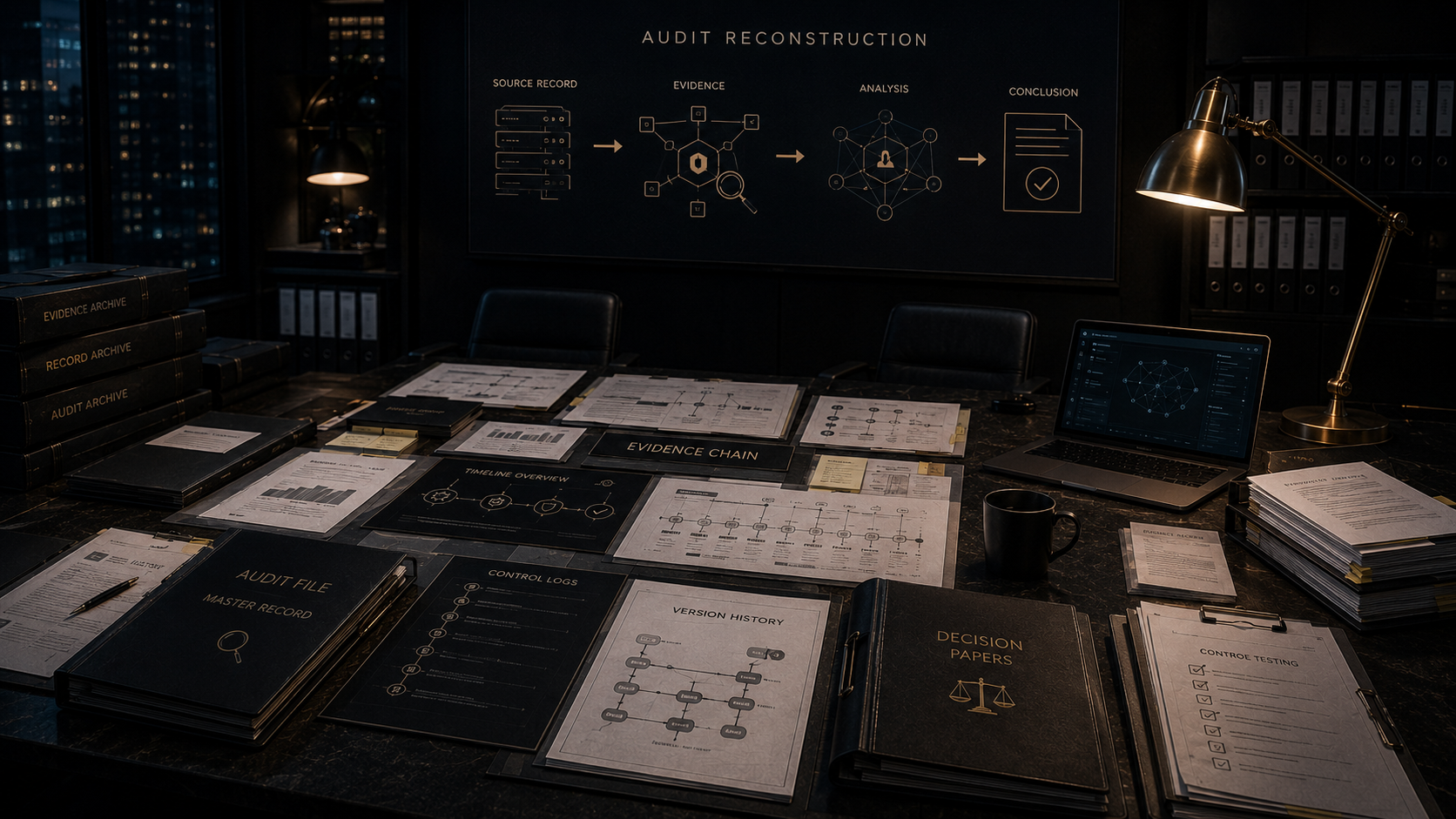 Audit files and evidence records being reconstructed into a clear chain