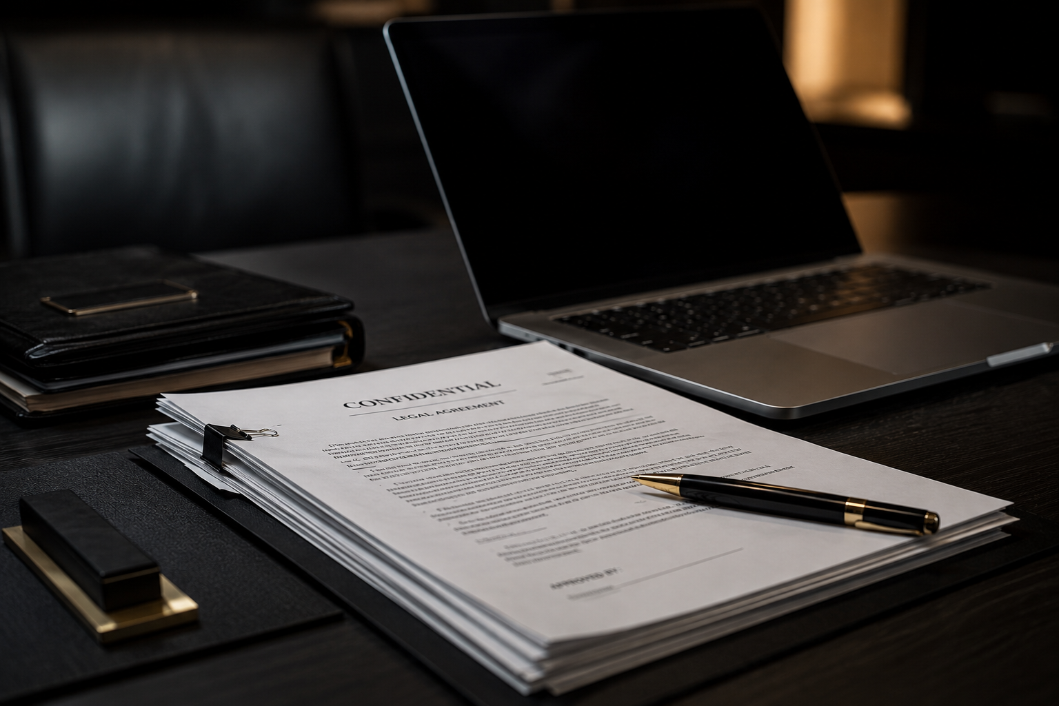 Confidential legal documents on a dark desk
