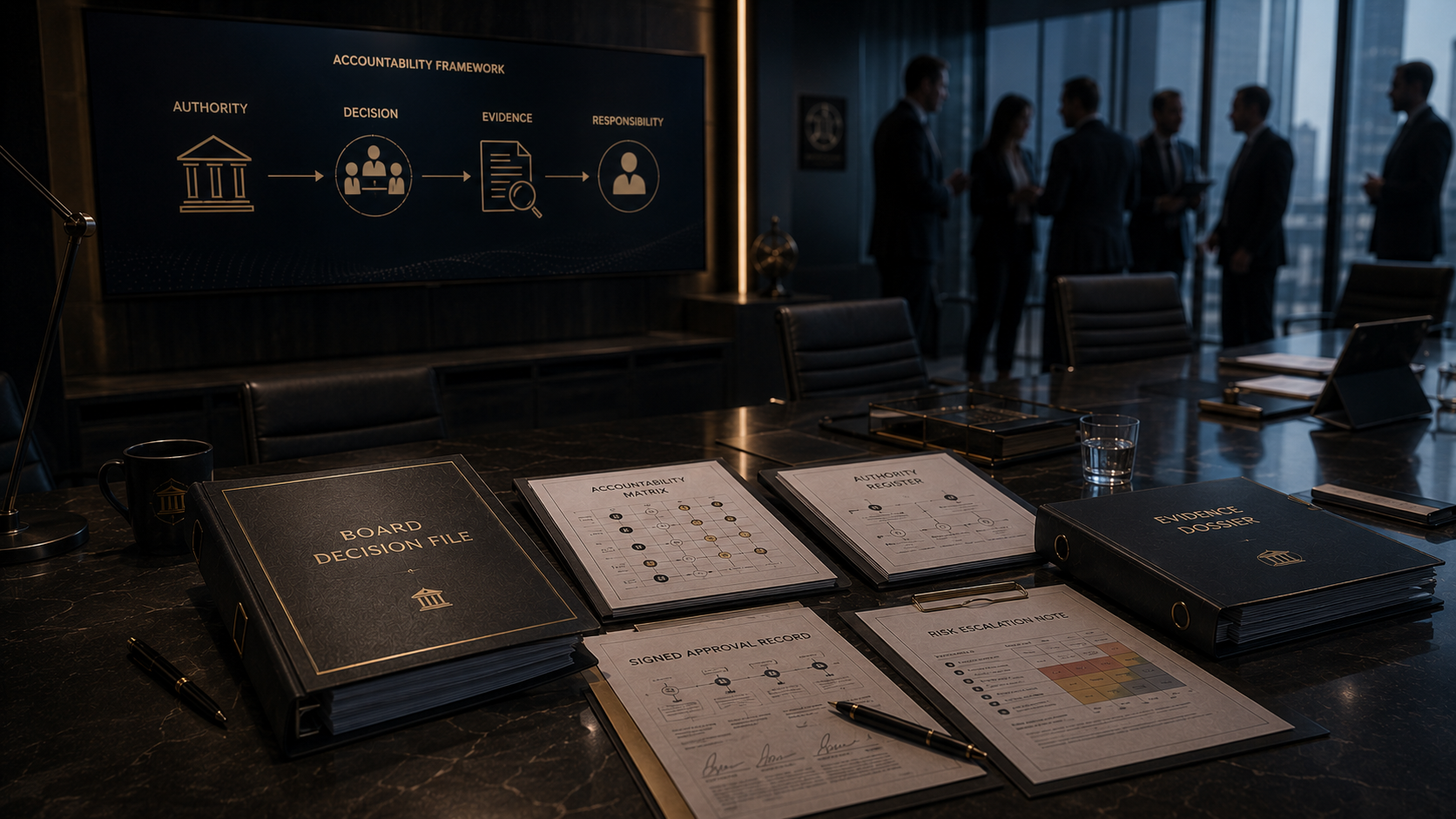 Executive boardroom with accountability files and evidence documents