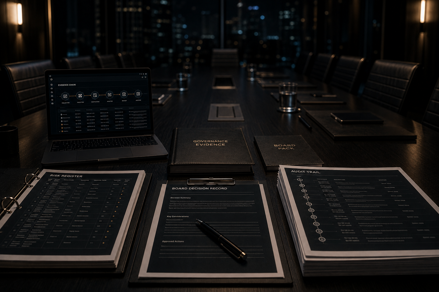 Boardroom table with risk register, decision record and audit trail documents