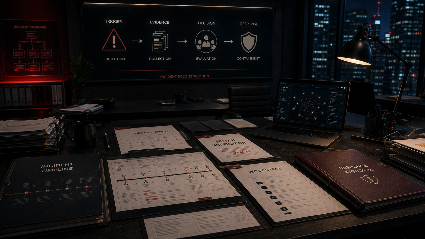 Incident reconstruction room with evidence records and response documents